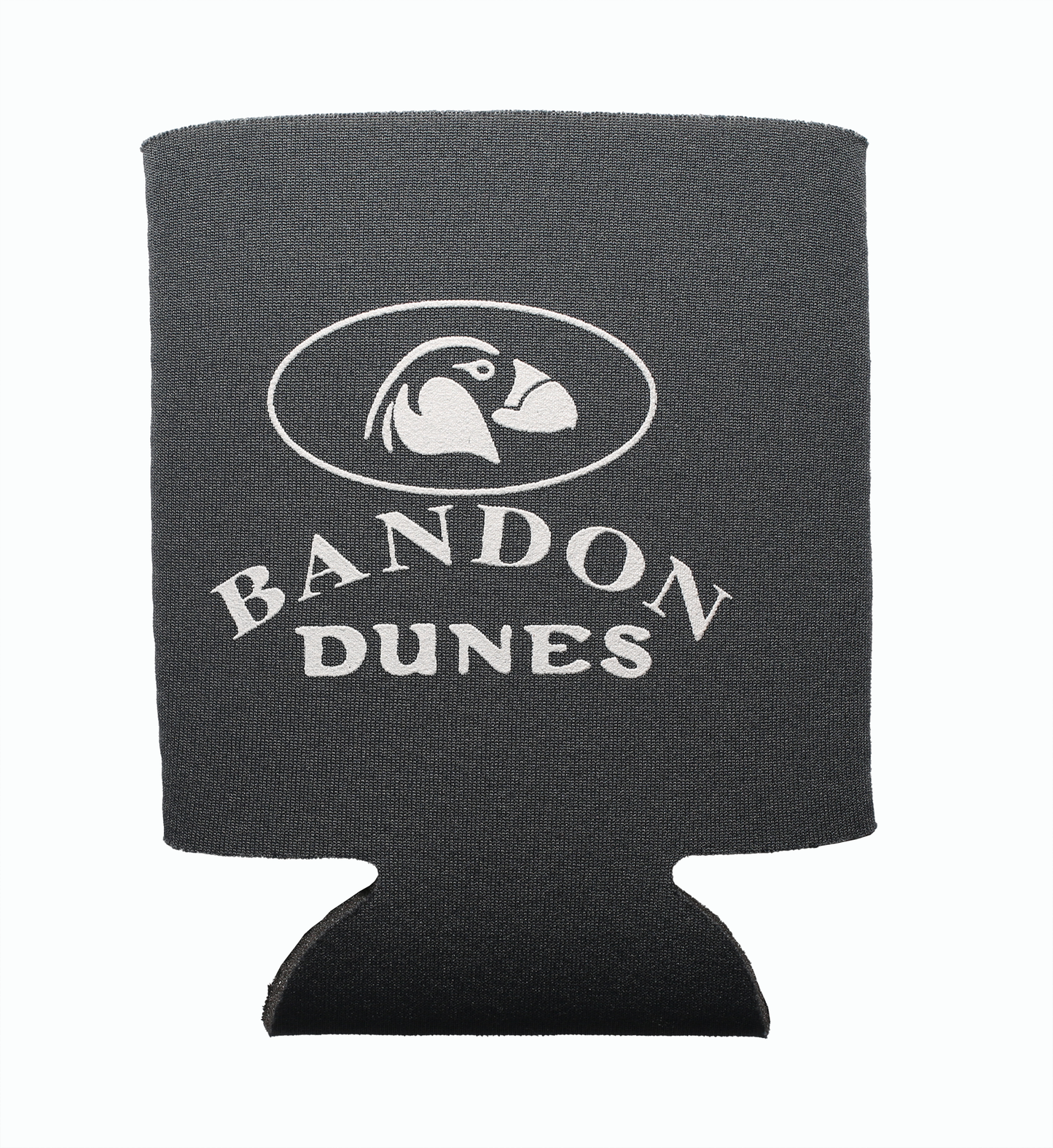 Charcoal gray beer koozie featuring the Bandon Dunes logo.