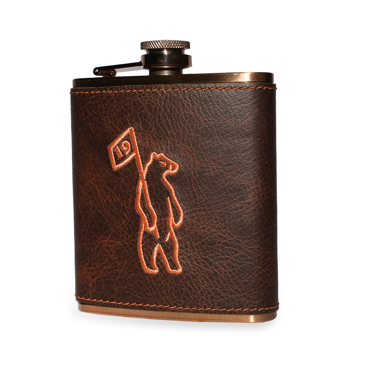 Leather-wrapped stainless steel flask featuring embossed Shorty's logo on brown leather with screw-top cap