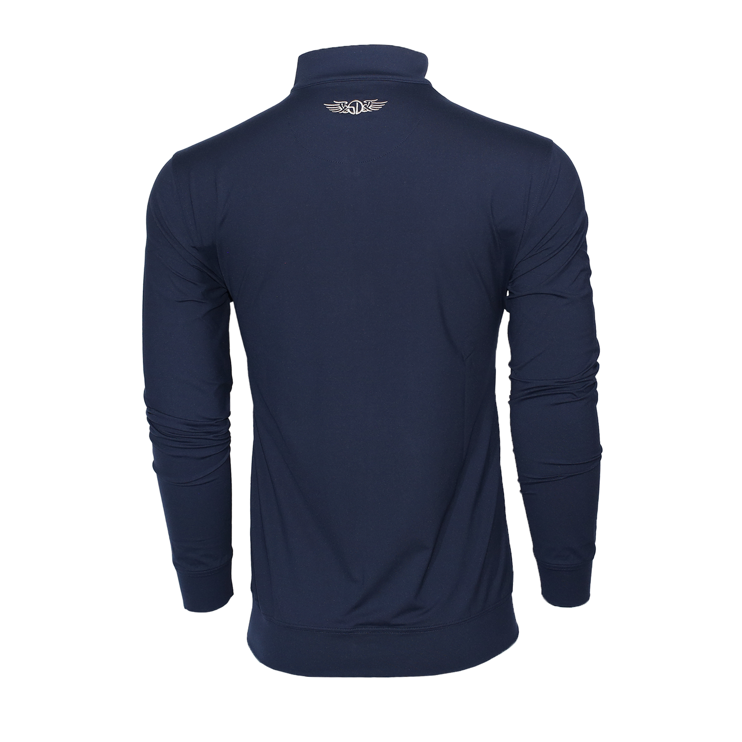 Back view of the 1/4 zip showing the embroidered Straight Down logo on the top center.