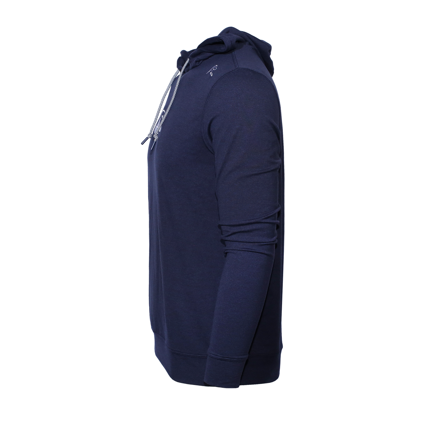 Side view of navy soft fabric and a modern comfort fit hoodie.