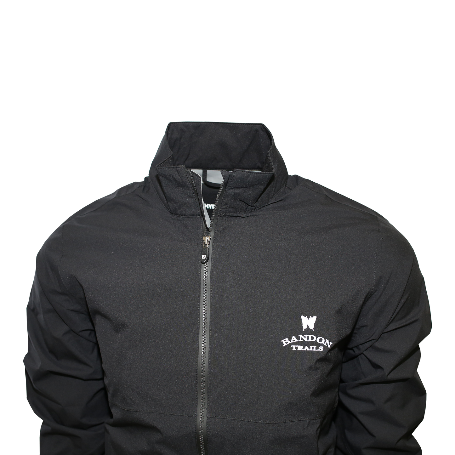 Black full zip rain jacket embroidered with the Bandon Trails logo.