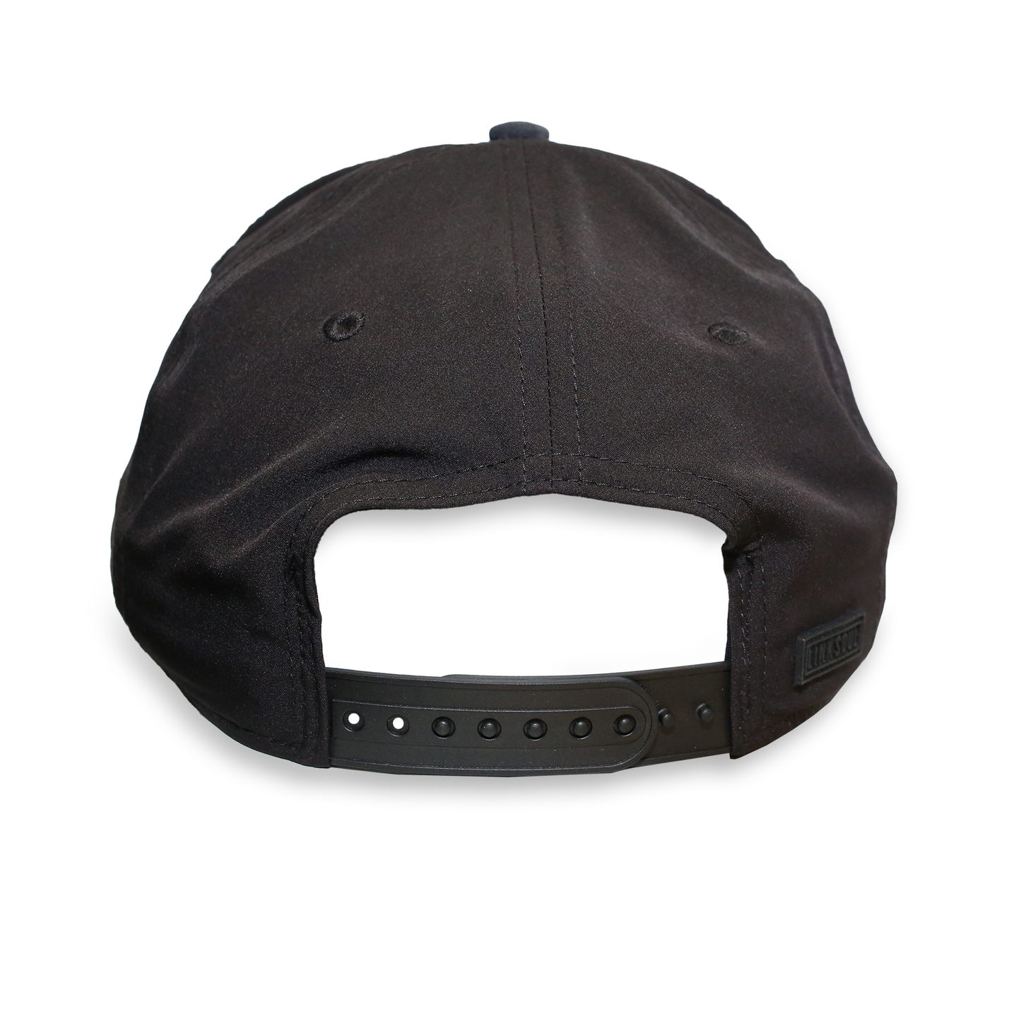 Back of black hat showing the adjustable closure.