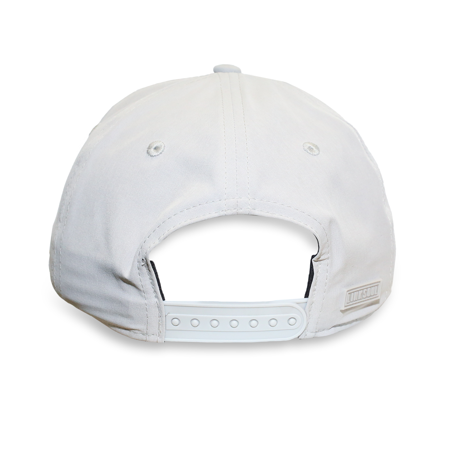 Back of light grey hat showing the adjustable closure.