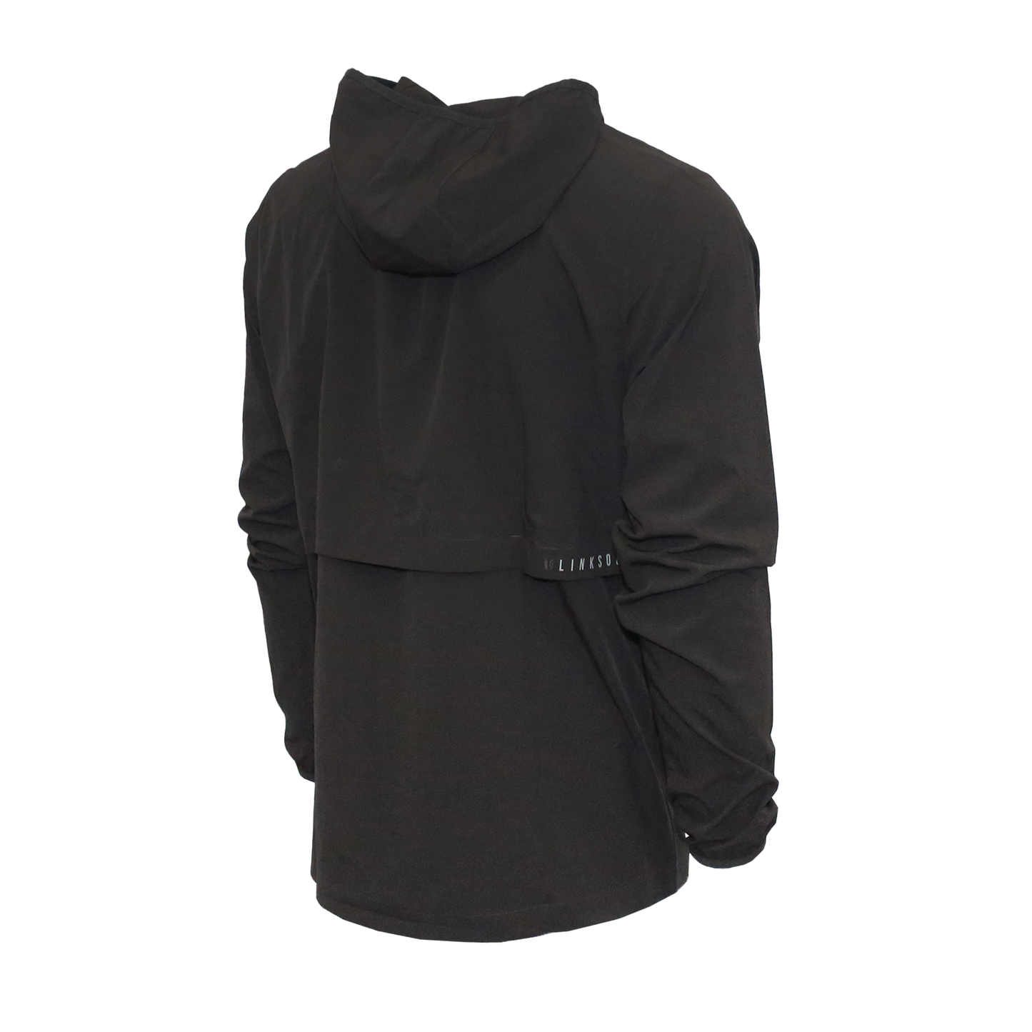 Back of black lightweight full zip jacket shows vent feature and hood.