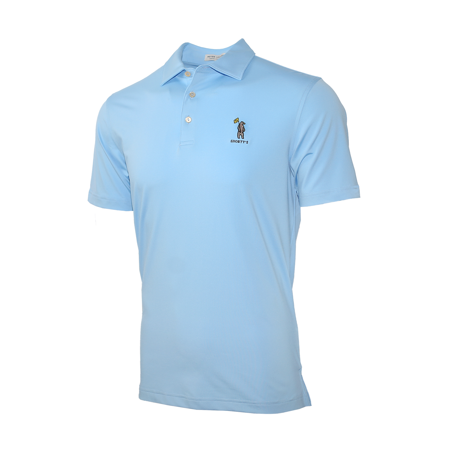 Solid light blue polo has a three button placket. Features the Shorty's logo on the left chest.