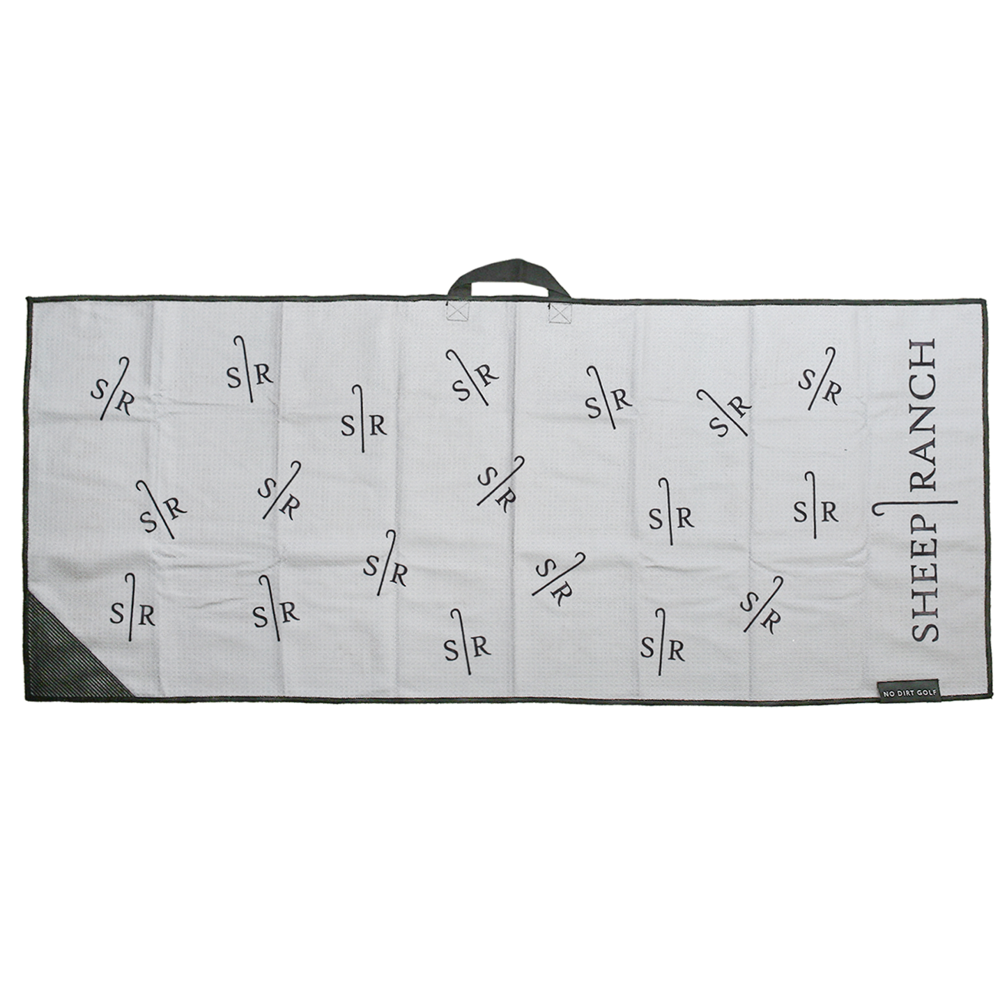 Gray golf towel with Sheep Ranch logo. Has a hang loop and scrubber corner.