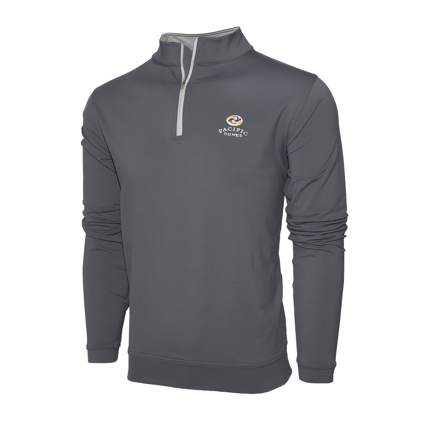 Dark gray long sleeve pullover 1/4 zip. Features the Pacific Dunes logo.