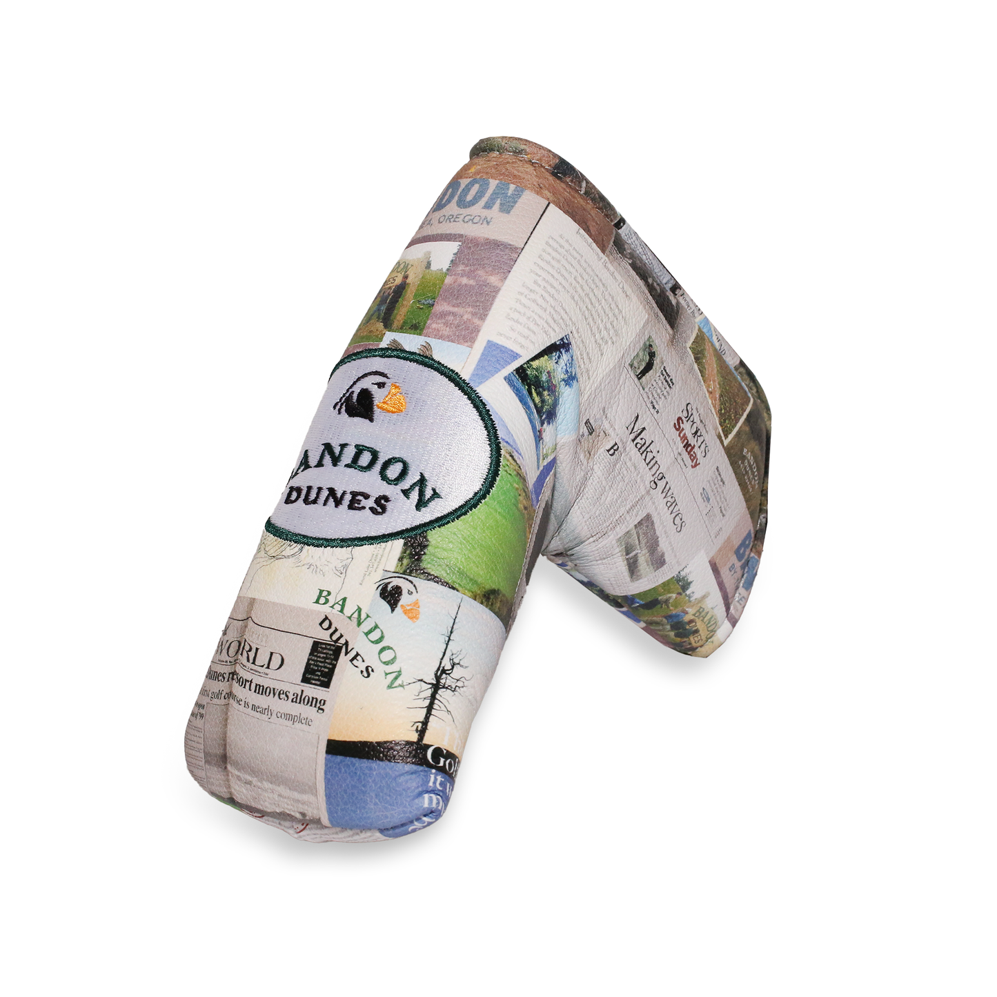 Bandon Dunes Winston  blade putter headcover with a newsprint design