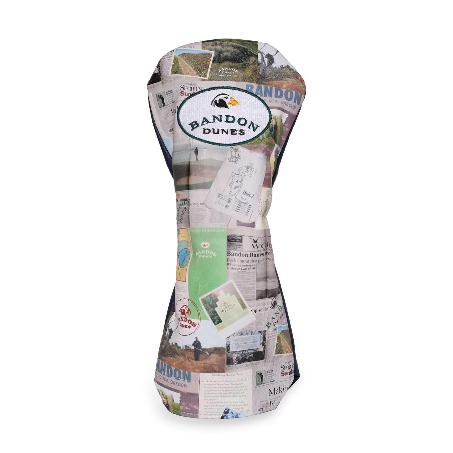 Bandon Dunes Winston driver headcover with a newsprint design.