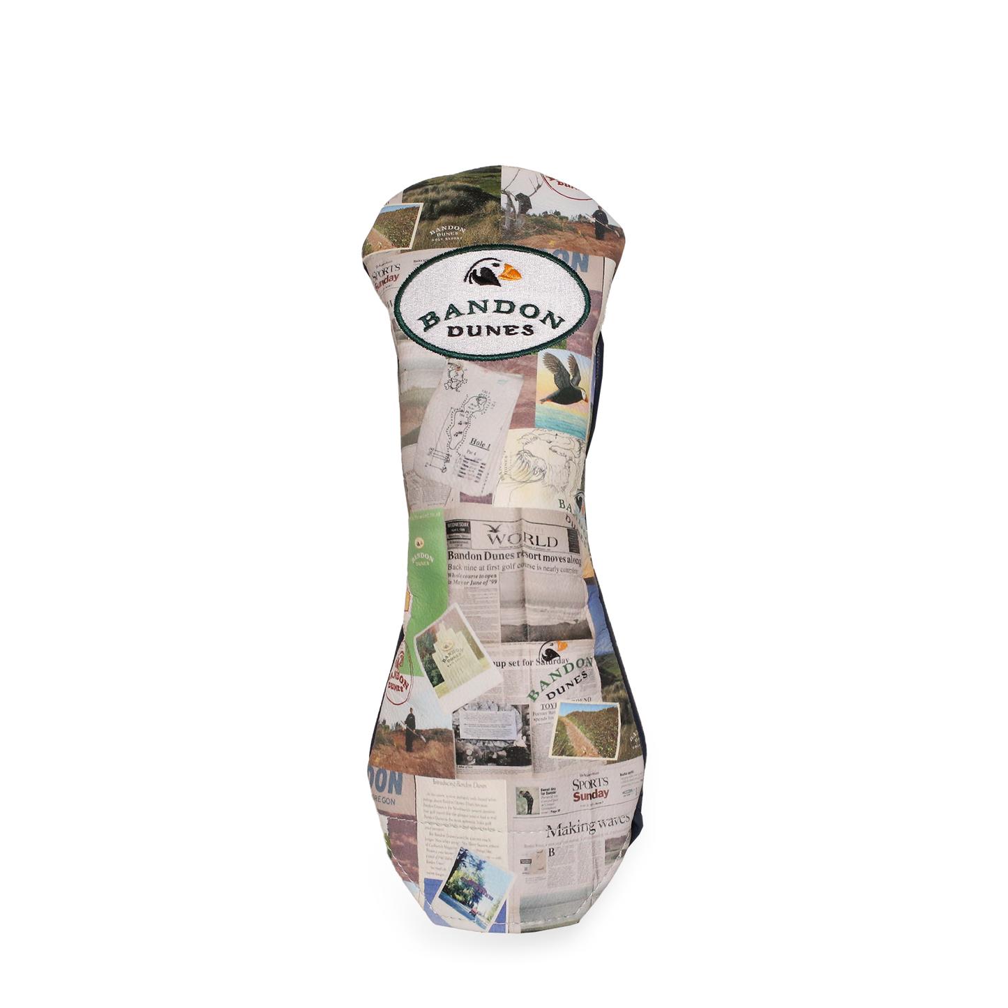 Bandon Dunes Winston fairway headcover with a newsprint design.