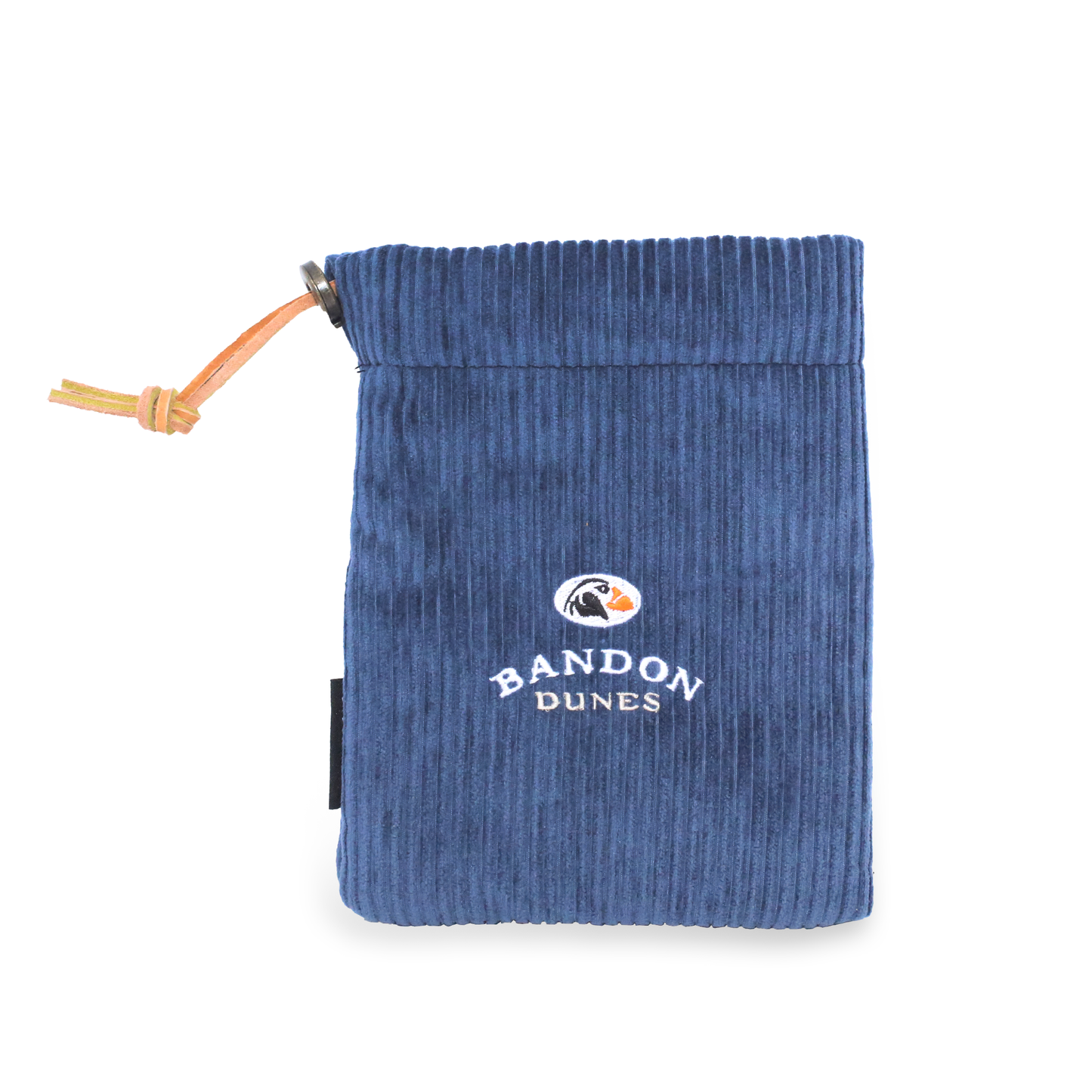 Drawstring pouch in blue corduroy with a grey fleece lining featuring the Bandon Dunes logo.