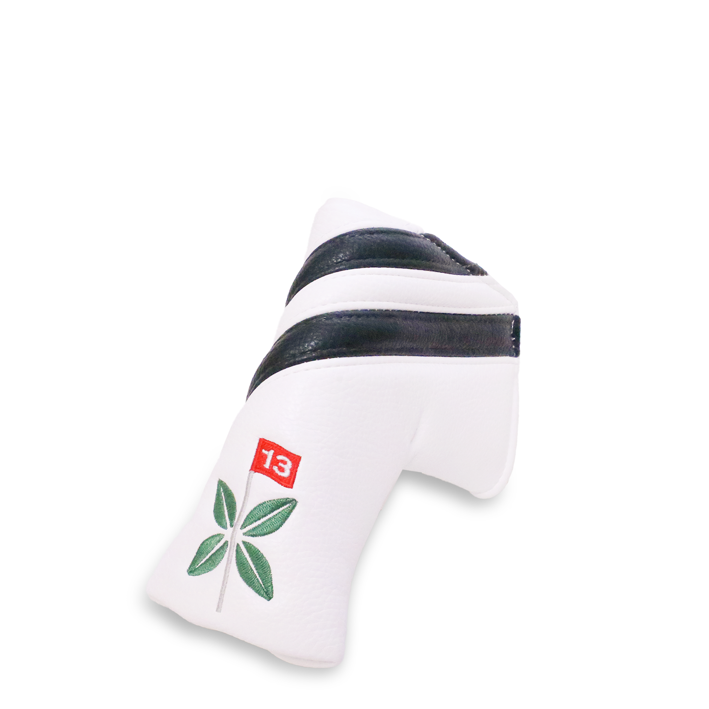 Putter cover white leatherette with dark green stripes and embroidered Bandon Preserve logo.