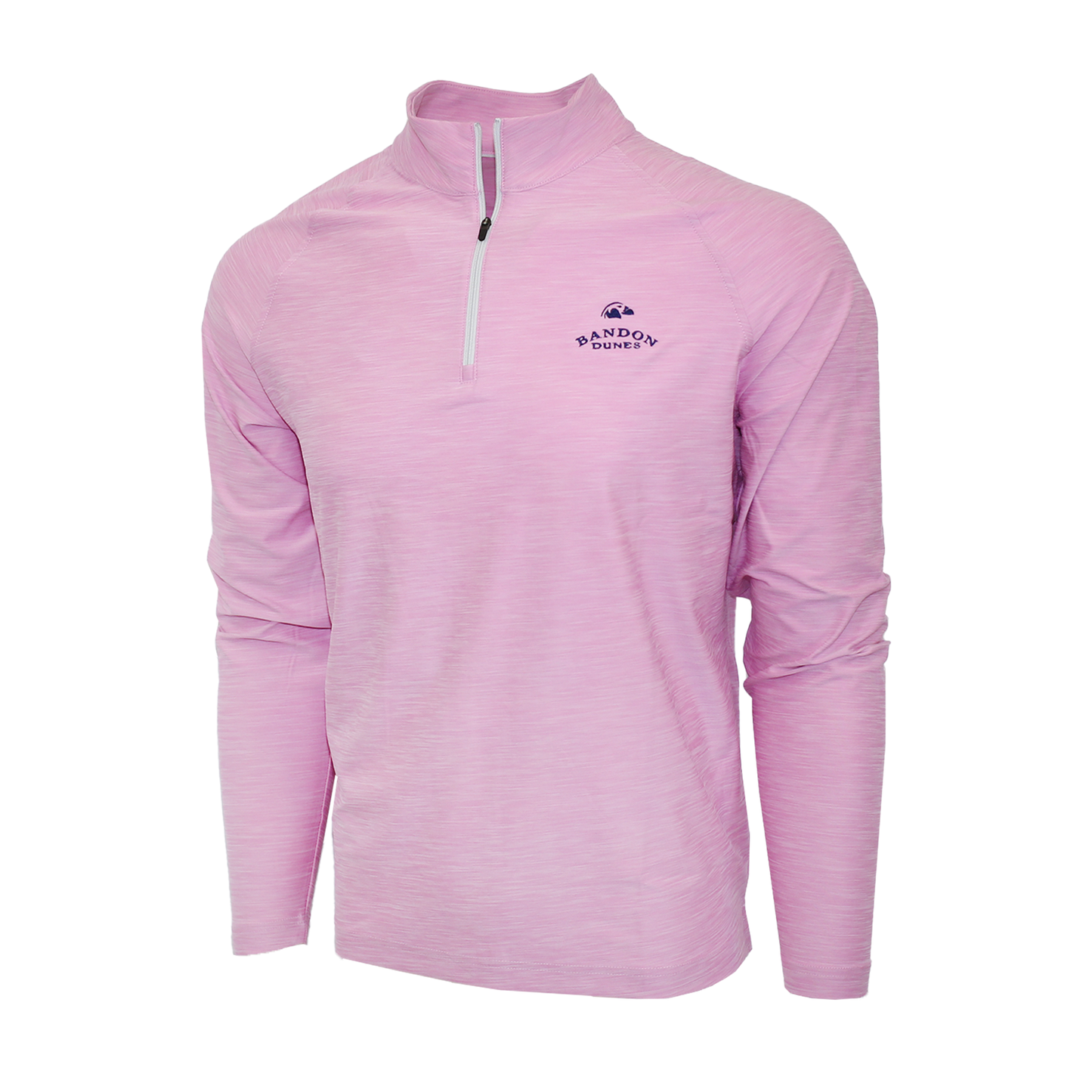 Pink long sleeve 1/4 Zip pullover. Features Bandon Dunes logo on the left chest.