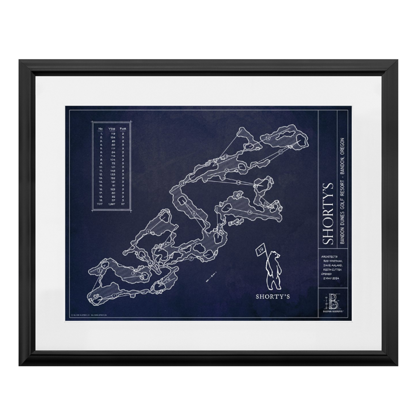Framed Bandon Dunes golf course map in black frame with white mat. Yardage map showing hole layouts and distances on navy blue background