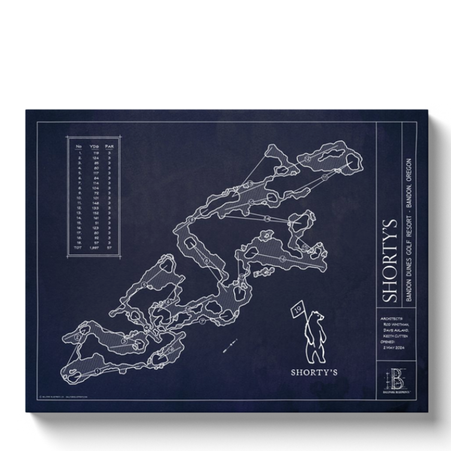 Gallery-wrapped canvas print of Shorty's course map featuring detailed hole layouts and yardages in white on navy blue background
