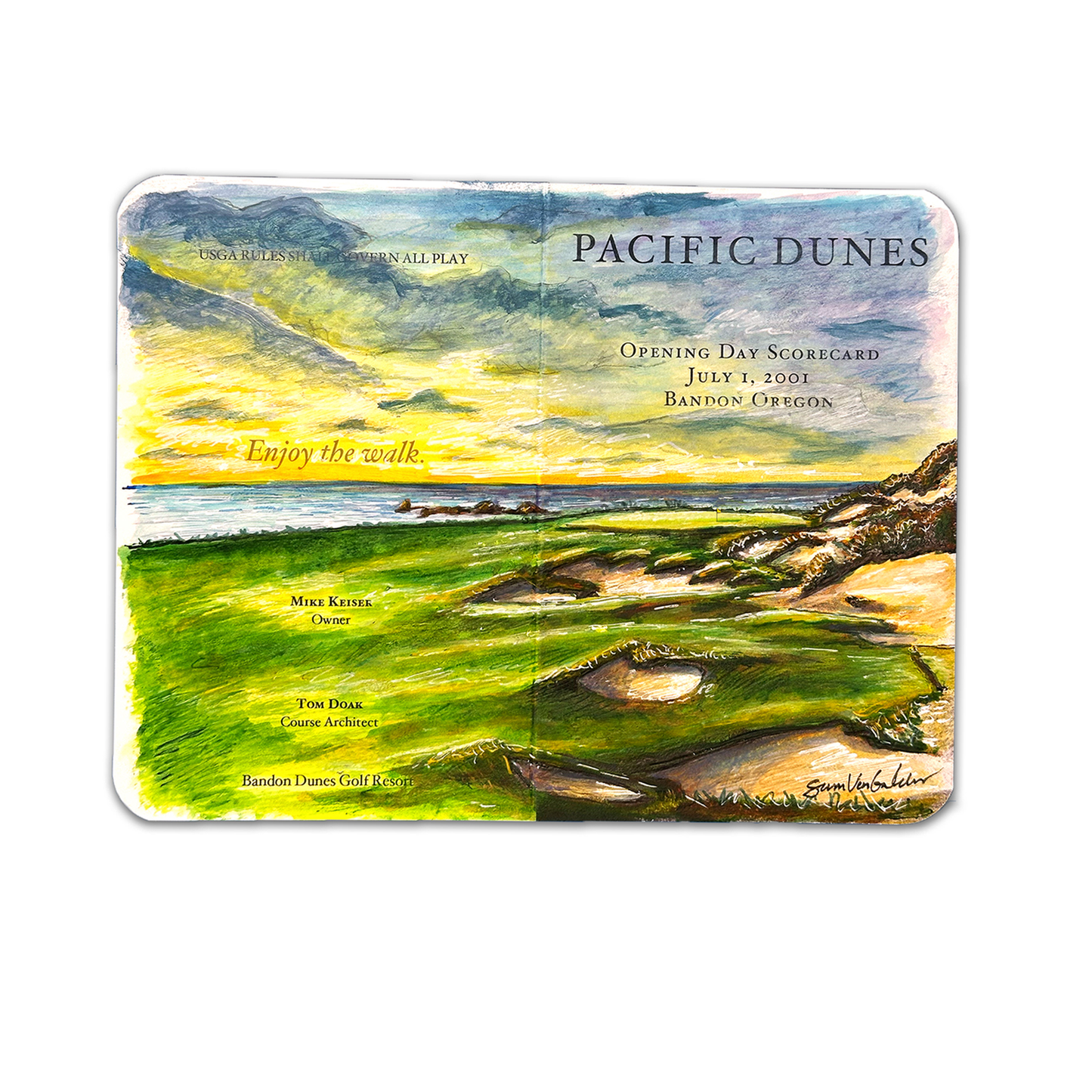 Golf scorecard for Pacific Dunes with scenic illustration of a golf course.