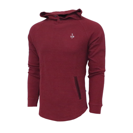 Maroon textured hoodie with snaps at collar and a front pocket. White embroidery Sheep Ranch logo on the front left chest.