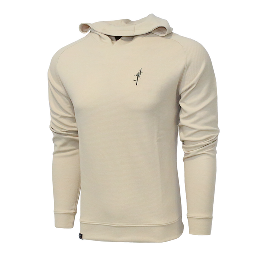 A beige long-sleeve hoodie with a small black graphic on the left chest, displayed on a clean white background.