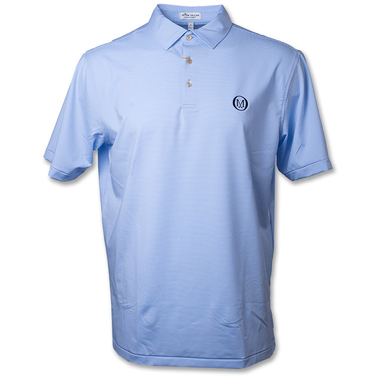 Striped blue and white short sleeve polo with the Old Macdonald logo on the left chest.