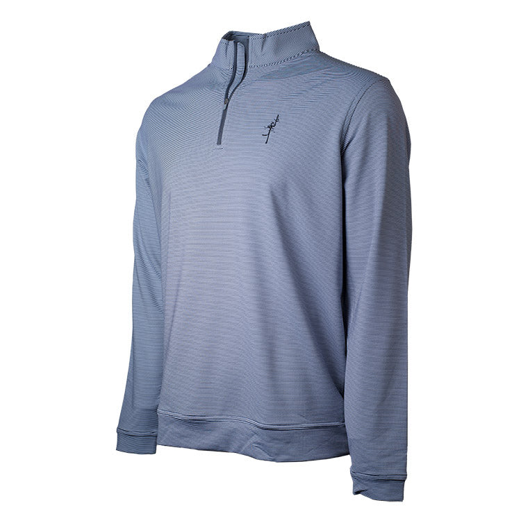 Dark gray and white striped, long sleeve, pullover with a 1/4 zipper. Features the Ghost Tree logo.