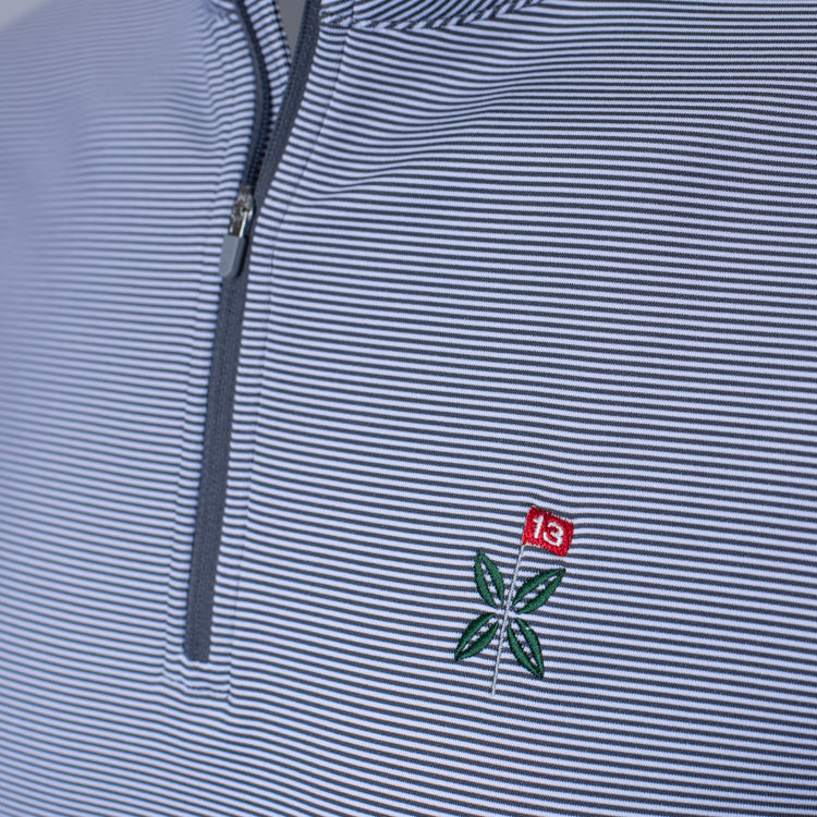 Close up showing the 1/4 zip and the dark gray white stripe.