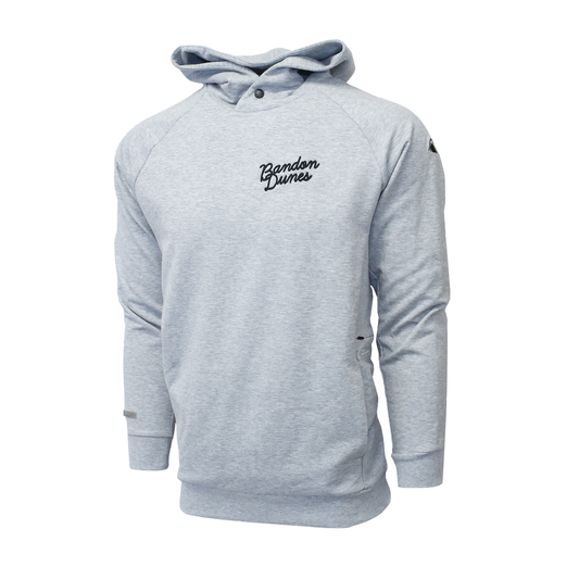 Gray hoodie features: Bandon Dunes across the right chest and the puffin logo on the left sleeve