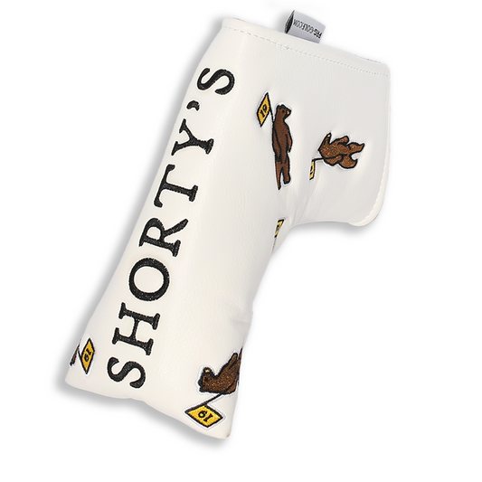 White putter cover featuring the Shorty's logo.