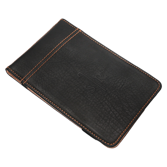 Black embossed leather yardage cover featuring the Sheep Ranch logo.