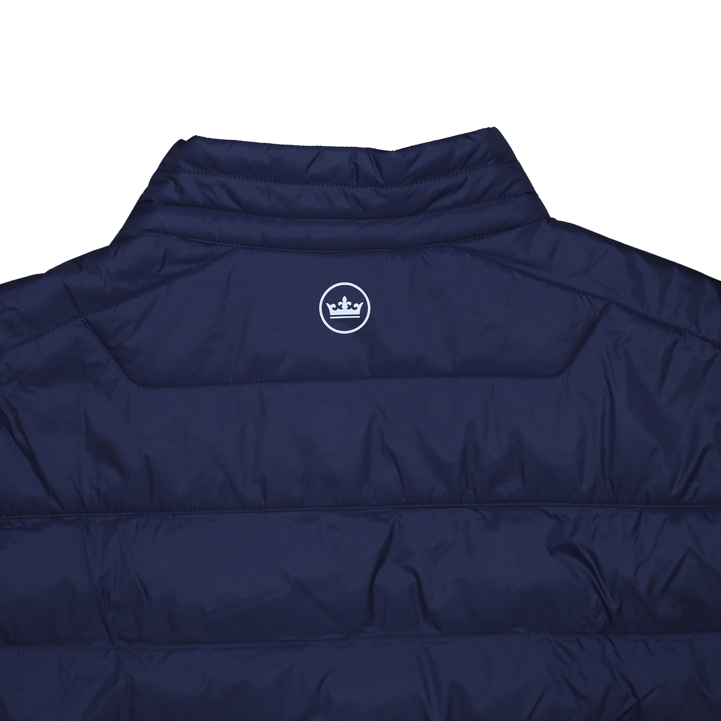Back of vest showing the Peter Millar crown logo at the middle top back 