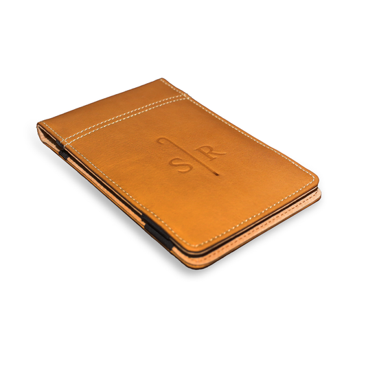 Tan embossed leather yardage cover featuring the Sheep Ranch logo.