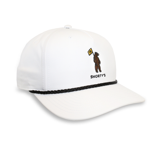 White hat with black rope featuring the embroidered Shorty's bear logo.
