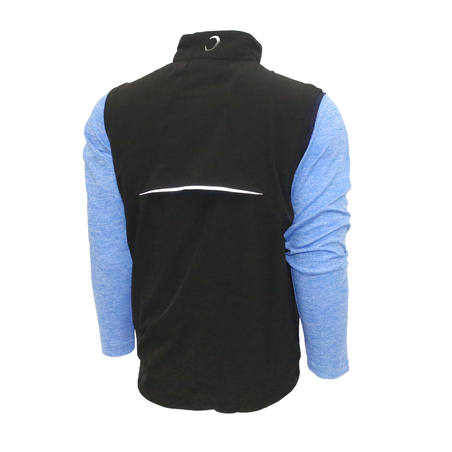 Back of black vest showing vent and Zero Restriction logo mid neck