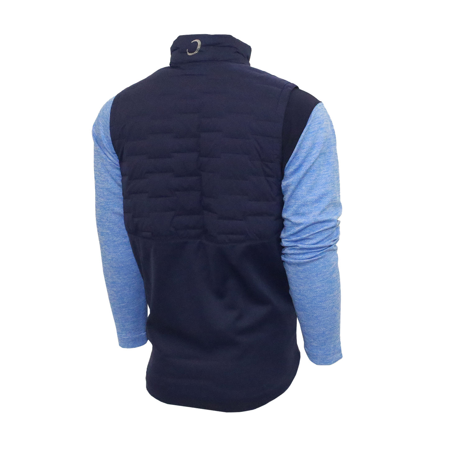 Back of navy pullover vest showing Zero Restriction logo mid neck.