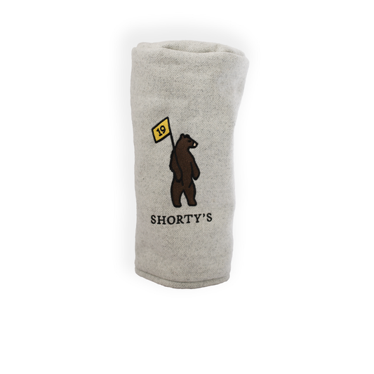 Driver cover in Grey Melton a tightly woven wool that is felted and then heavily brushed for softness. with Shorty's bear.