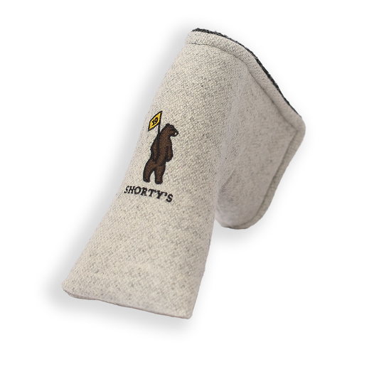 Putter cover in Grey Melton a tightly woven wool that is felted and then heavily brushed for softness. with Shorty's bear.