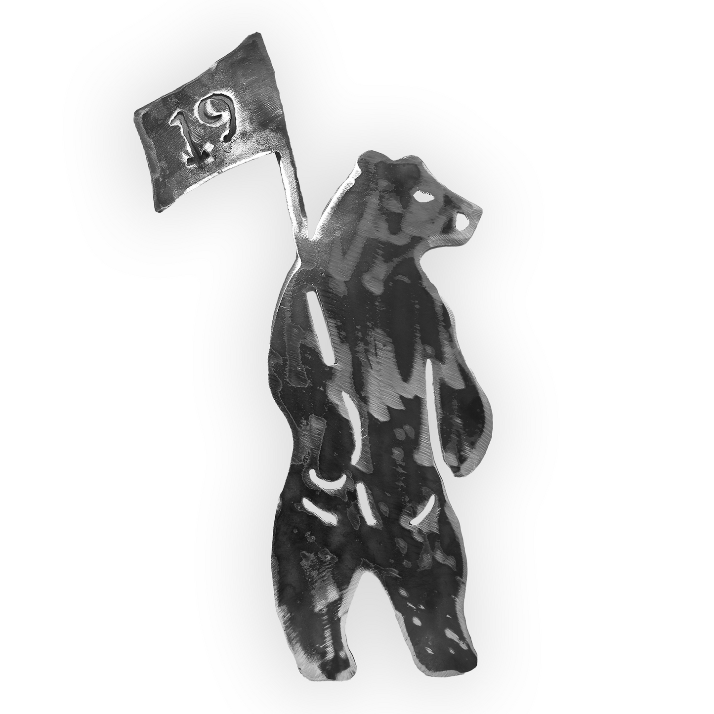 Cut forged iron shaped as the Shorty's bear logo.