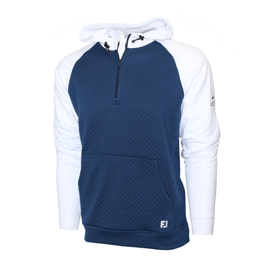 Navy and white 1/4 zip hoodie with embroidered Bandon Dunes logo on left sleeve.