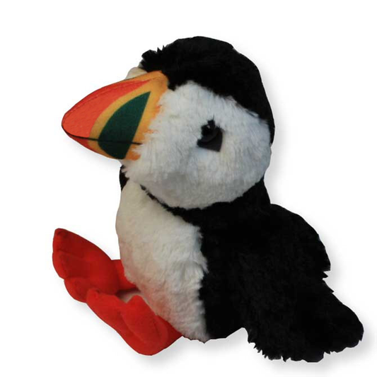 Stuffed puffin features iconic orange beak.