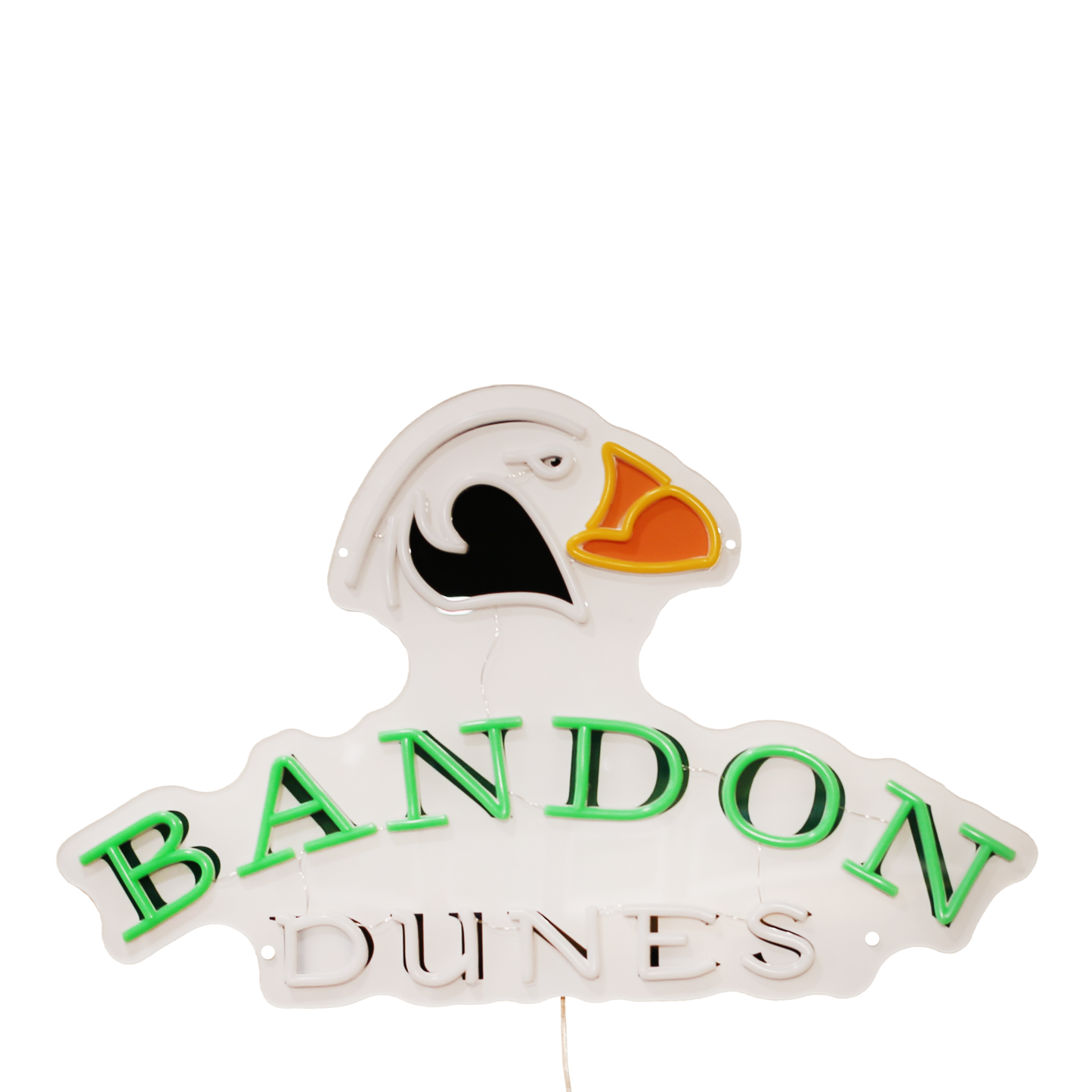 Lights off - Bandon Dunes logo in neon light design made with efficient LED lights.