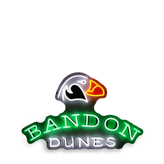 Neon display combines vintage aesthetic with modern LED technology. Featuring the Bandon Dunes puffin logo.