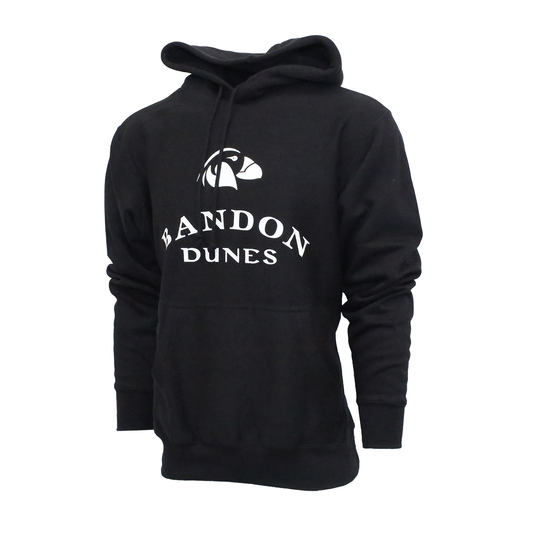 Black hooded sweatshirt featuring Bandon Dunes puffin logo and script in white.