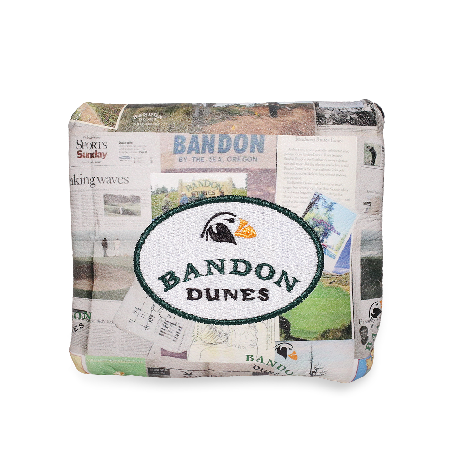 Bandon Dunes Winston mallet headcover with a newsprint design.
