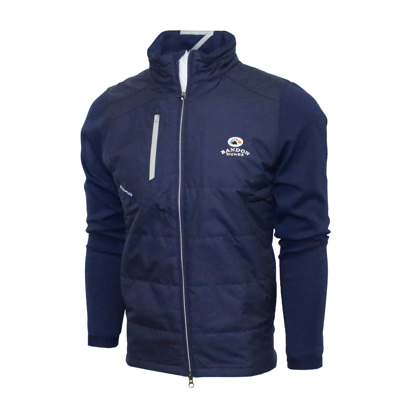 Navy full zip jacket embroidered with the Bandon Dunes logo.
