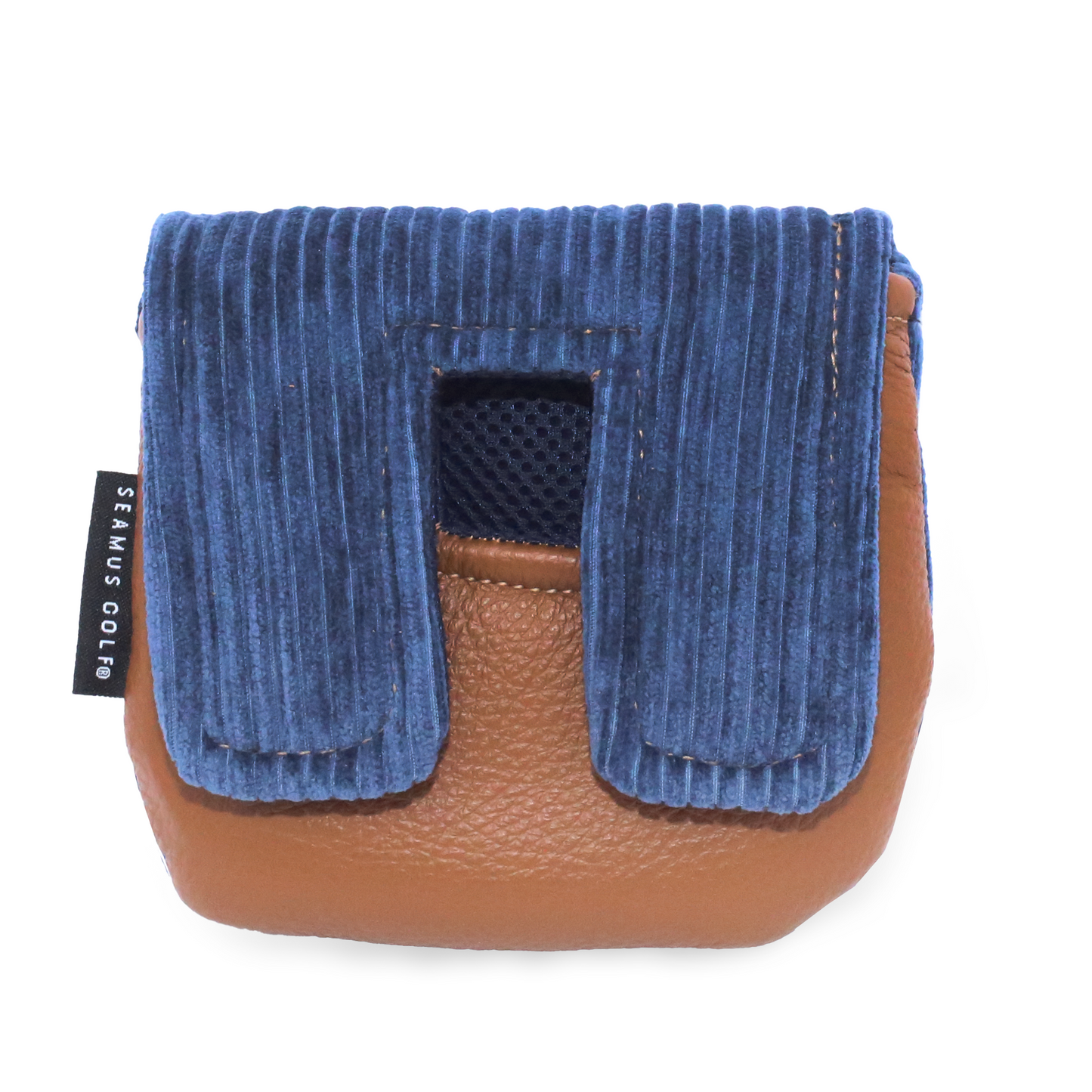 Back of center shafted mallet cover in blue corduroy with tan leather.
