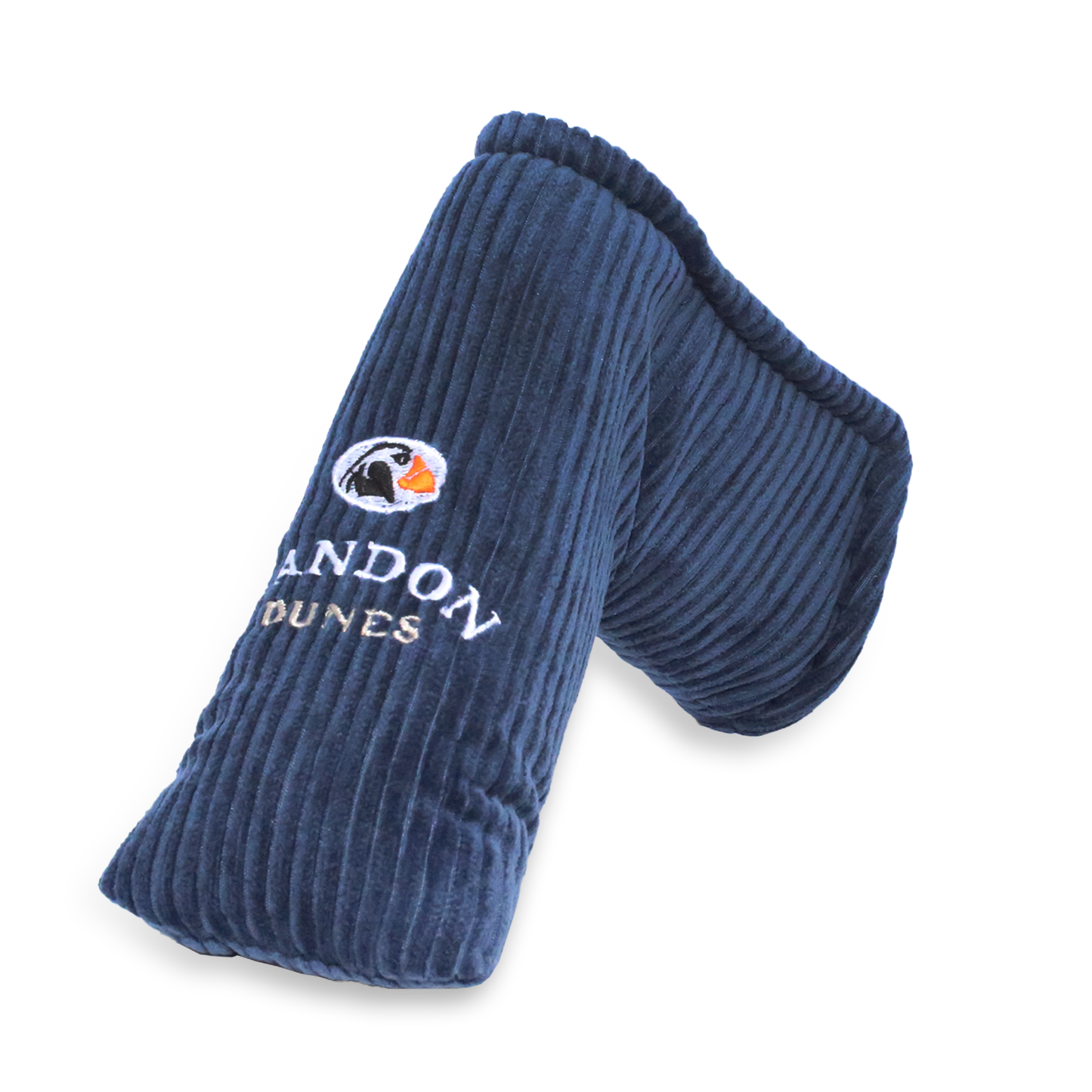 Putter cover in blue corduroy with a grey fleece lining featuring the Bandon Dunes logo.
