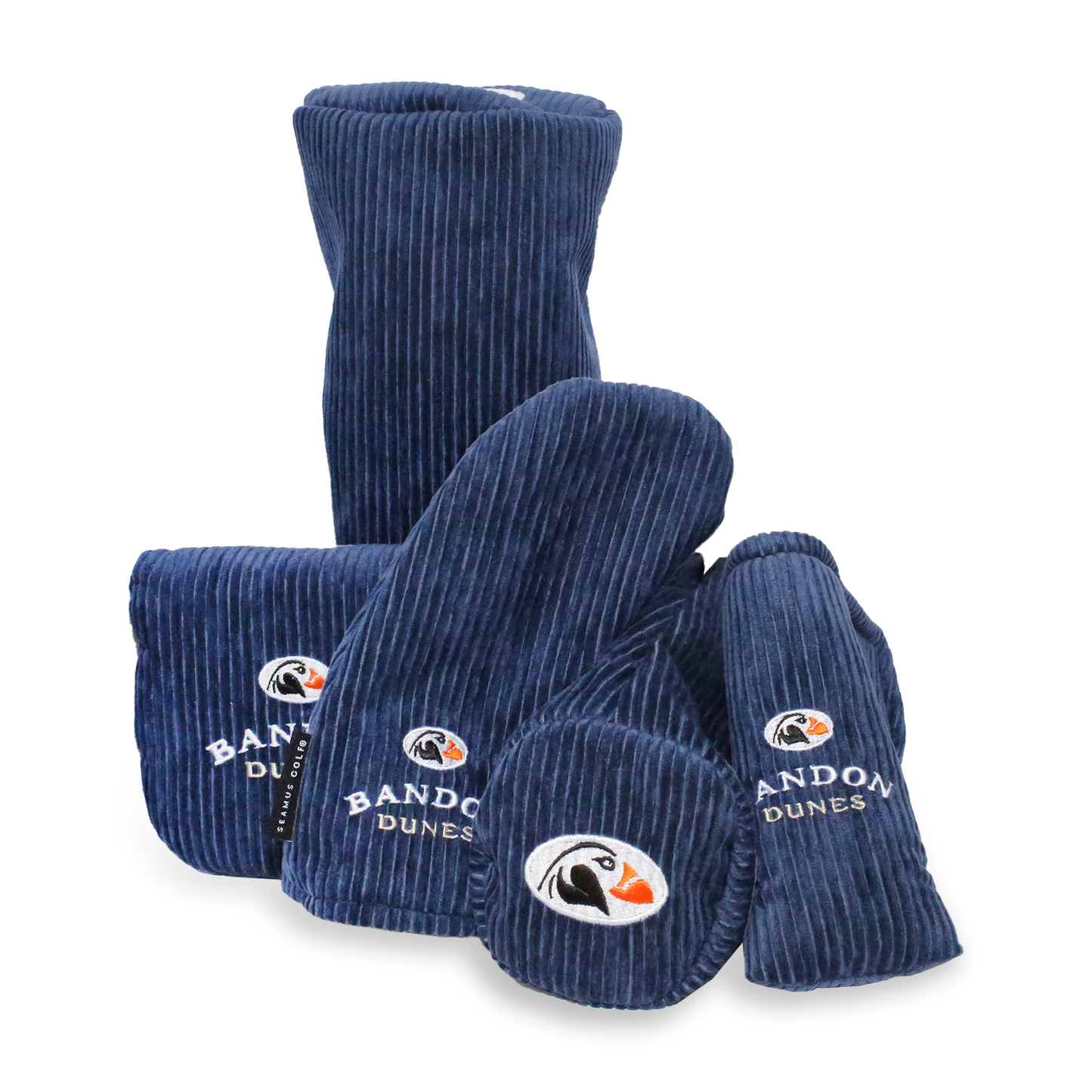 Set of blue corduroy headcovers with a grey fleece lining featuring the Bandon Dunes logo.