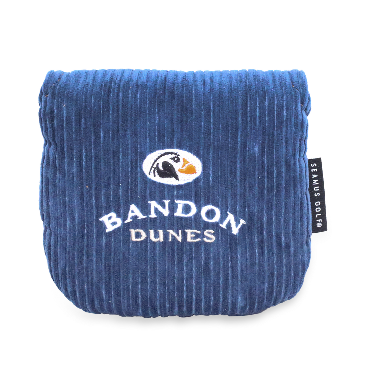 Blue corduroy mallet headcover with a grey fleece lining featuring the Bandon Dunes logo.