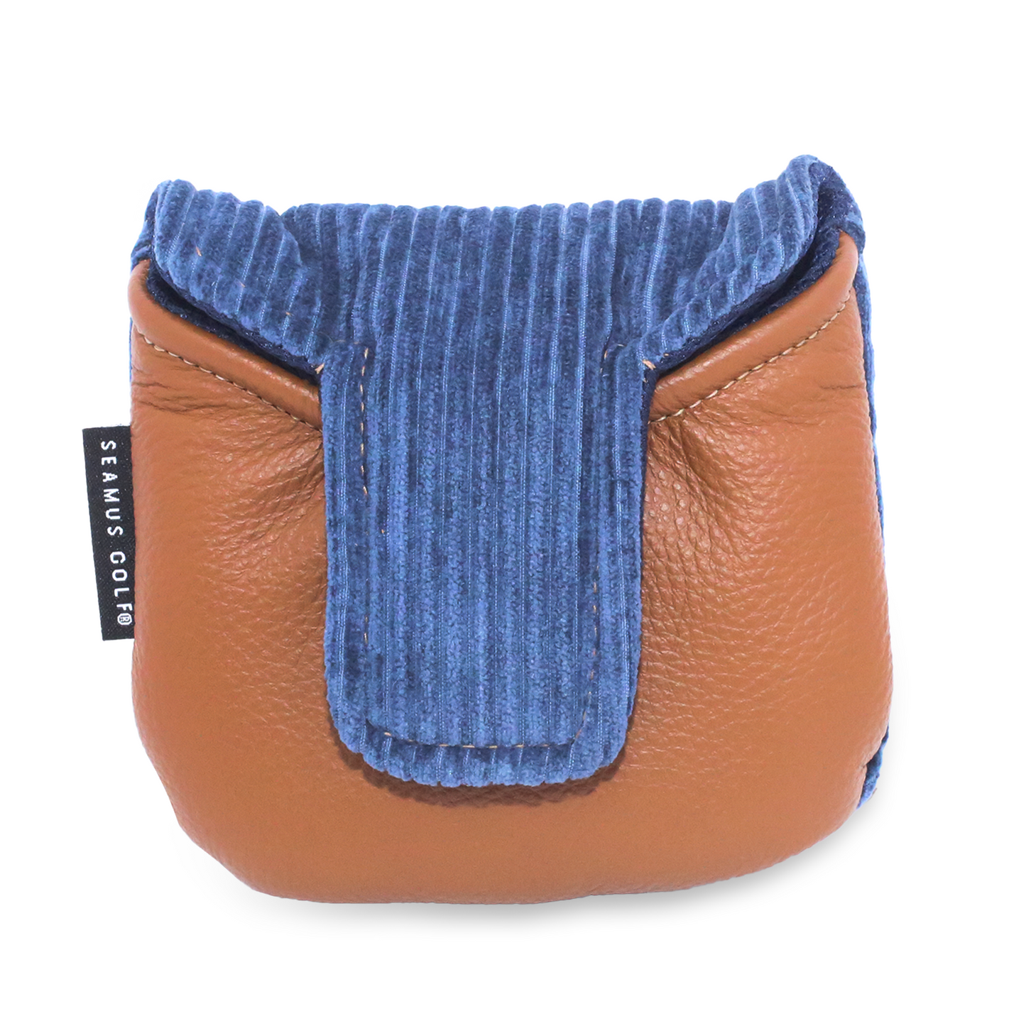 Back of mallet cover in blue corduroy with tan leather.