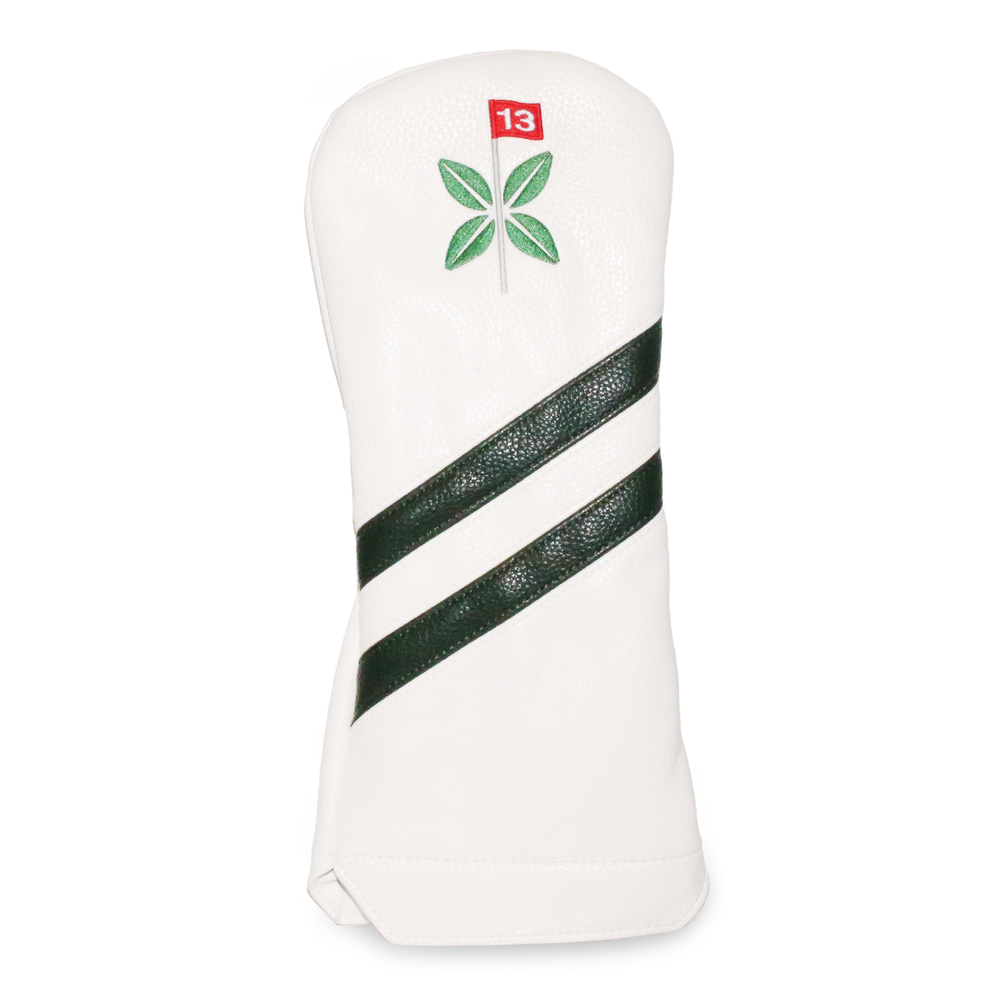 Driver cover in white leatherette with dark green stripes and embroidered Bandon Preserve logo.