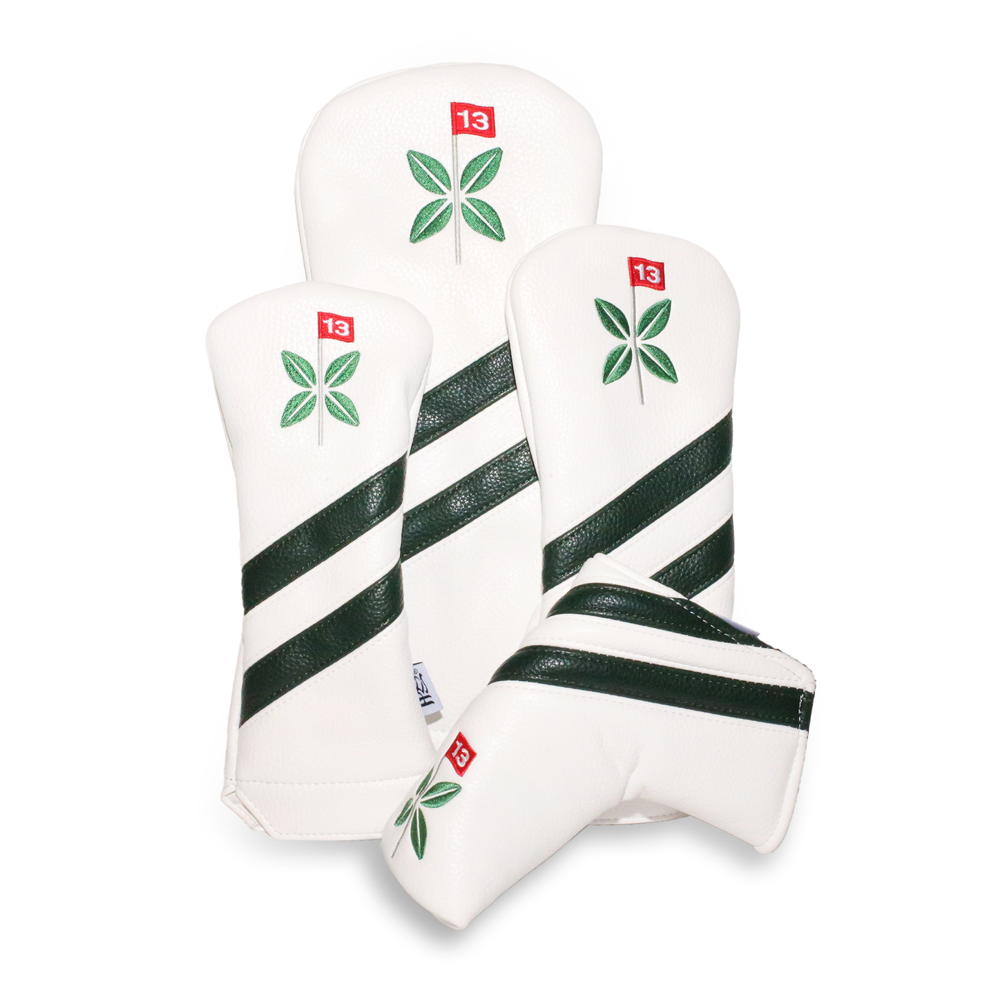 White leatherette with dark green stripes and embroidered Bandon Preserve logo.